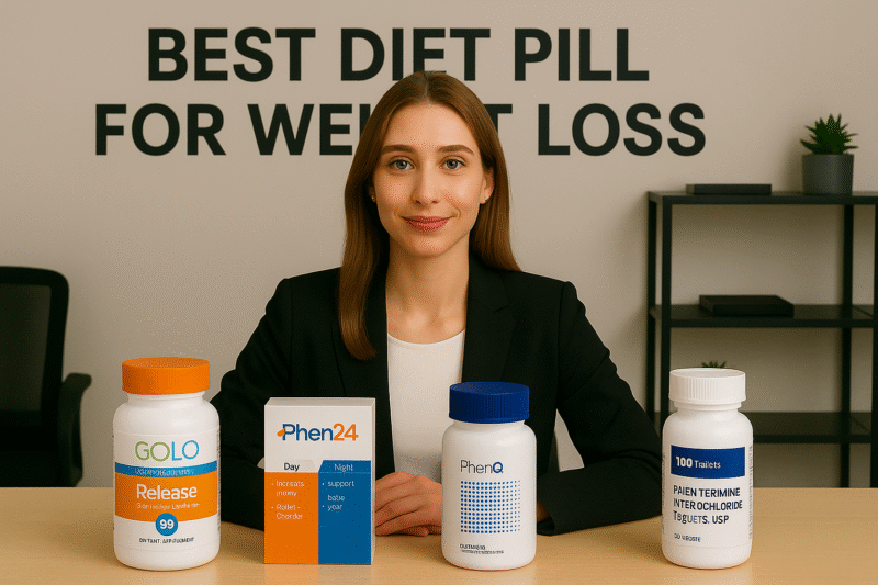 A professional woman presenting top-rated diet pills including GOLO Release, Phen24, PhenQ, and Phentermine in an office setting with a banner titled Best Diet Pill for Weight Loss.