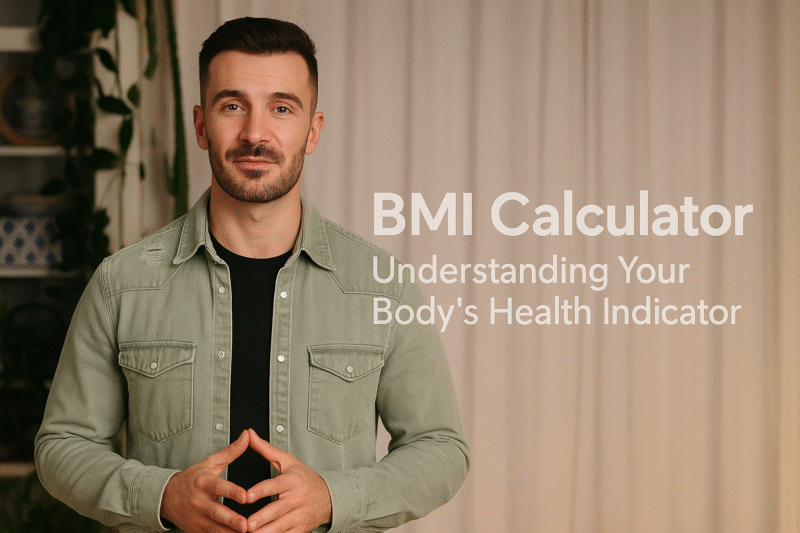 Man pointing hands together beside text BMI Calculator Understanding Your Body’s Health Indicator banner