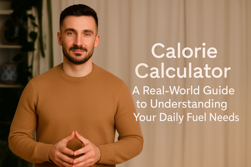 Man standing beside Calorie Calculator banner for understanding daily calorie needs