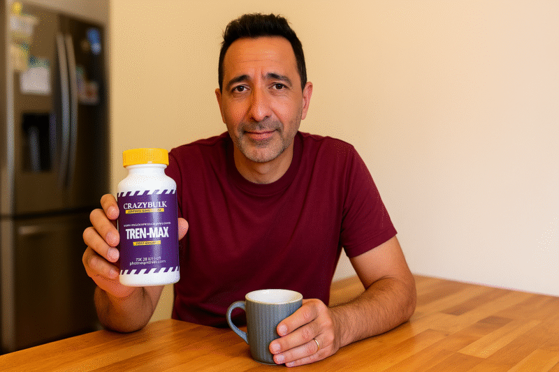 Middle aged man in a maroon shirt holding a CrazyBulk Tren Max bottle while sitting at a wooden table, used for Trenorol review, tren price guide and safe tren alternative content.