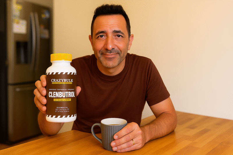 middle-aged man holding a Clenbutrol CrazyBulk bottle at a kitchen table