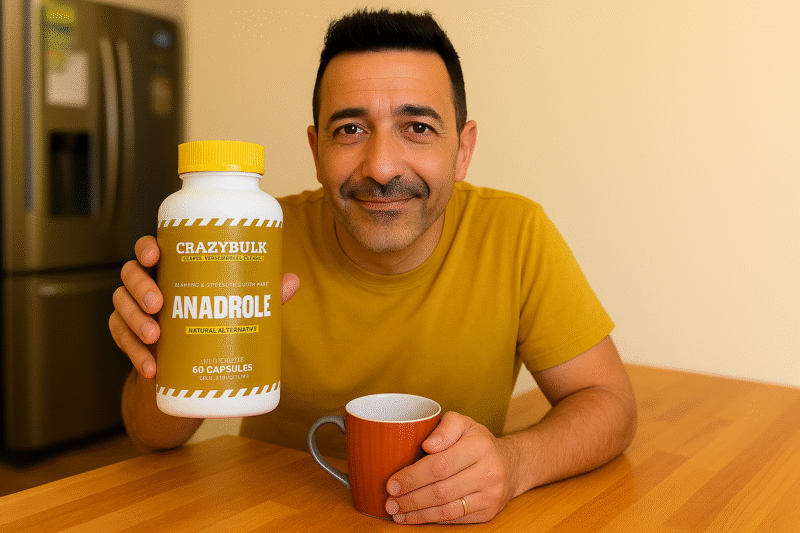 middle-aged man holding a CrazyBulk Anadrole supplement bottle while sitting at a table