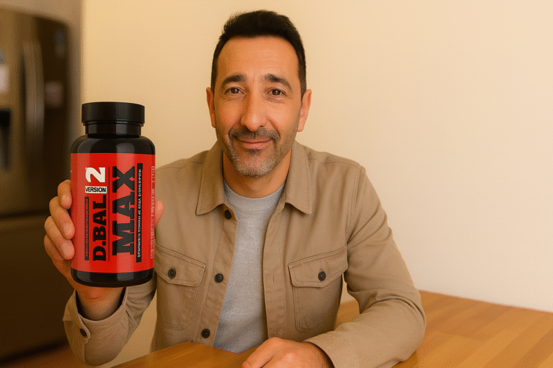 Writer holding DBal Max Version 2 supplement bottle in a clean kitchen background for review banner.