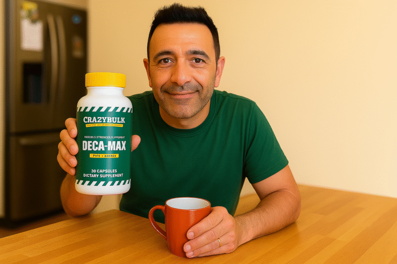 A man holding a DECA MAX supplement bottle from CrazyBulk while sitting at a table