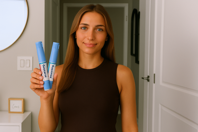 Woman holding Ozempic pens in a modern home setting, promoting weight loss, healthy living, and medical guidance