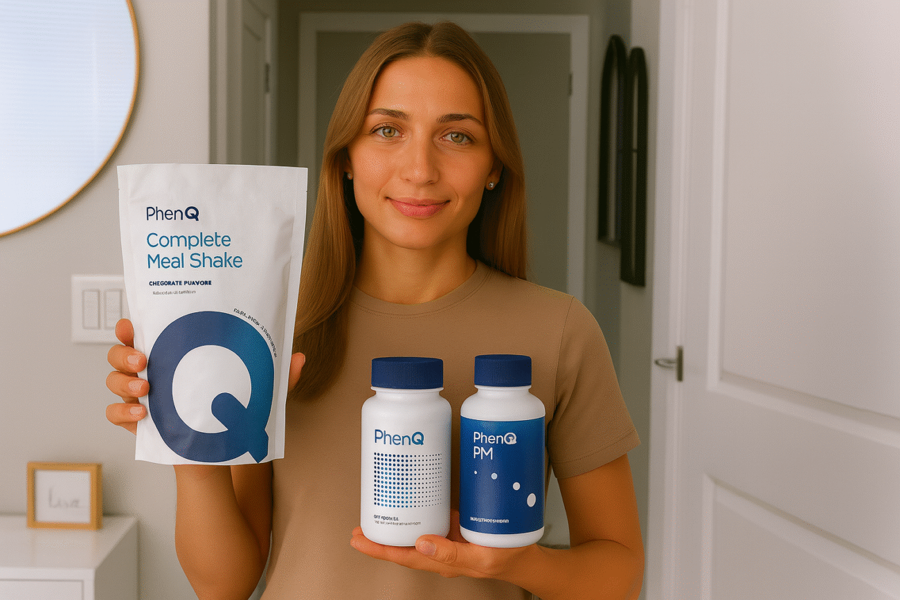 Woman holding PhenQ Complete Meal Shake, PhenQ tablets, and PhenQ PM bottle in a home setting for weight loss.