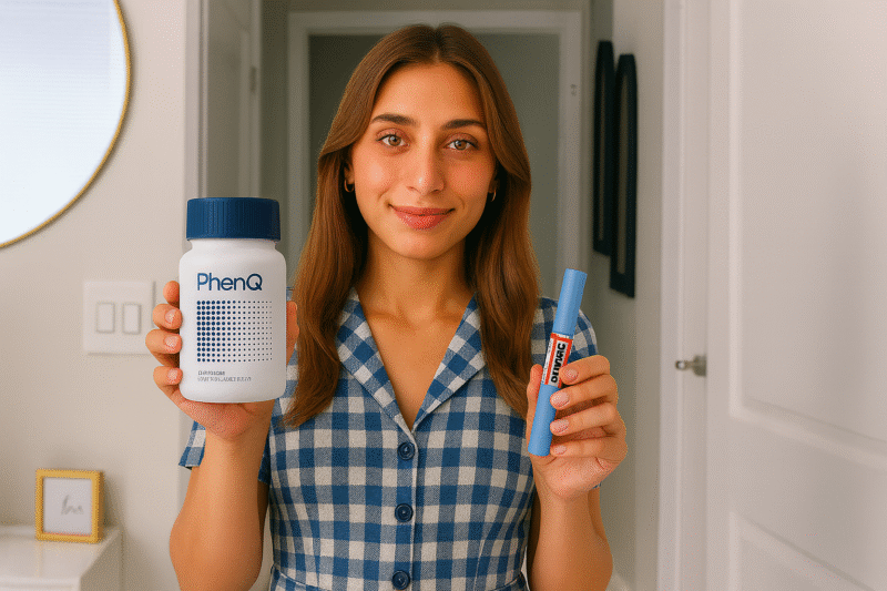 Woman holding PhenQ bottle and Ozempic pen in a home setting promoting modern weight-loss solutions.