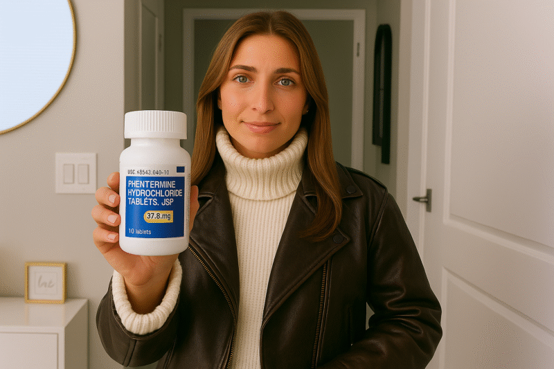 A woman in a leather jacket holding a bottle of Phentermine Hydrochloride 37.8mg tablets, displaying it clearly toward the camera in a home setting.