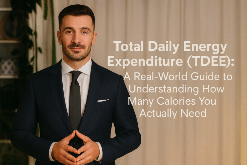 Man in modern CEO office attire standing beside TDEE guide banner explaining Total Daily Energy Expenditure and daily calorie needs.