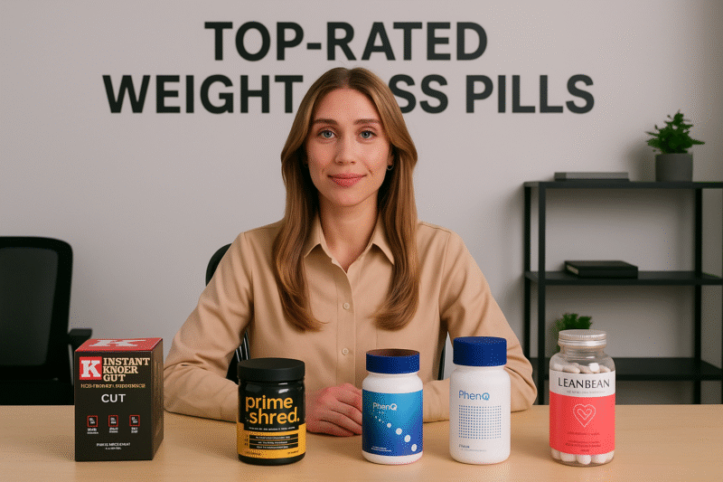 Young woman sitting in an office with top-rated weight loss pills—PrimeShred, Instant Knockout, PhenQ, PhenQ PM, and Leanbean—displayed on the table under the title “Top-Rated Weight Loss Pills.”